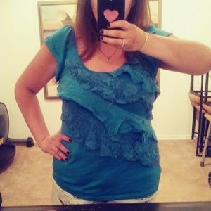Dark Teal Top with Lace and Ruffles